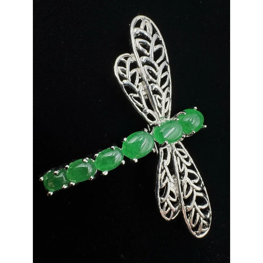 Silver Tone Jadeite Openwork Dragonfly Brooch Pin Bug‎ Jewelry